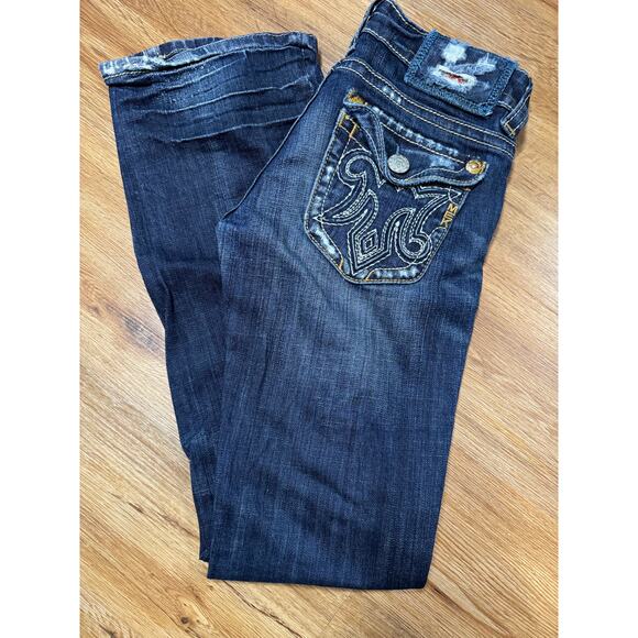 MEK Denim Oaxaca Boot Cut Buckle Flap Pocket Denim Jeans 25x32 Distressed - Picture 1 of 4